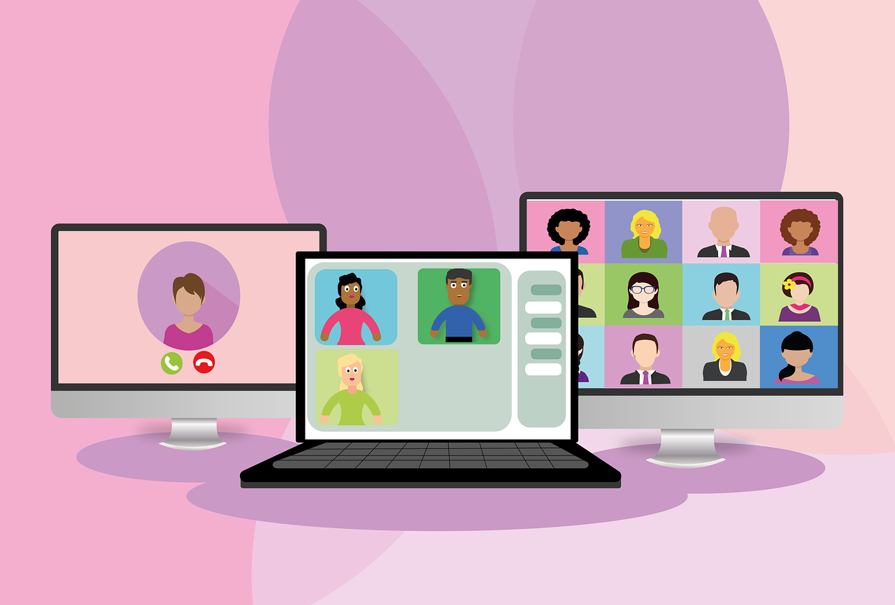 Illustration of multiple screens showing video calls, representing remote interviews and webinars.